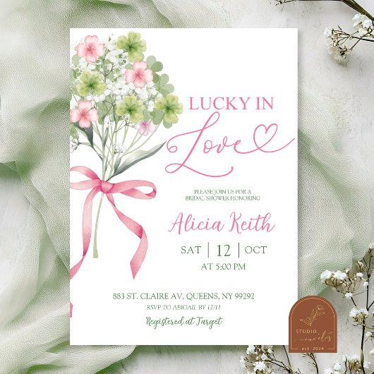 Invitation sage green leaf clover bouquet bridal shower