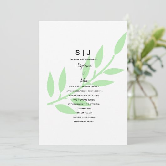 Invitation Sage Green Leaf Monogramme Mariage minimal 2024 (Debout devant)