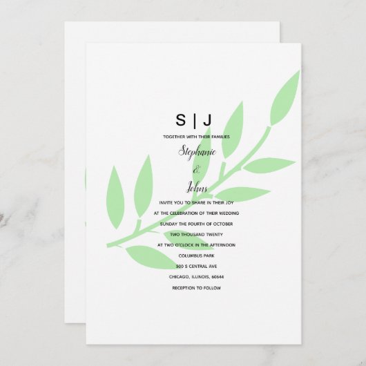 Invitation Sage Green Leaf Monogramme Mariage minimal 2024 (Devant / Derrière)