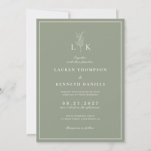 Invitation Sage Green Leaf Monogramme QR Code Mariage (Devant)