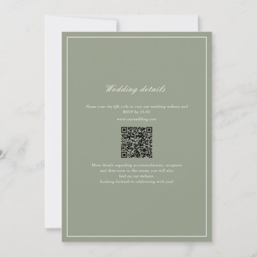 Invitation Sage Green Leaf Monogramme QR Code Mariage (Dos)