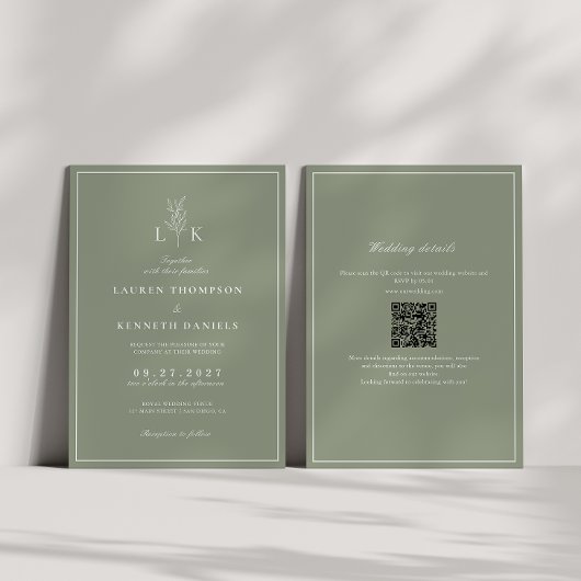 Invitation Sage Green Leaf Monogramme QR Code Mariage