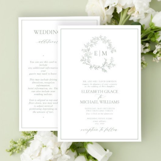 Invitation Sage Green Leafy Crest Monogramme Détails Mariage