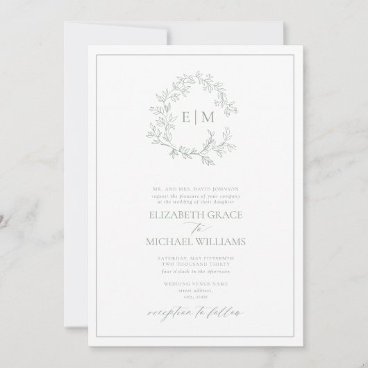 Invitation Sage Green Leafy Crest Monogramme Détails Mariage (Devant)