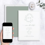 Invitation Sage Green Leafy Crest Monogramme Enregistrer la d<br><div class="desc">Nous aimons ce vert sage tendance et moderne sauvez la date ! Simple, élégant et oh-so-joli, il présente une couronne feuilletée dessinée à la main encerclant un monogramme mariage moderne. Il est personnalisé en typographie élégante, et accentué par la calligraphie lettrée à la main. Enfin, il est taillé dans un...</div>