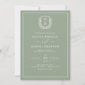 Invitation Sage Green Leafy Crest Monogramme Mariage photo (Devant)