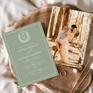 Invitation Sage Green Leafy Crest Monogramme Mariage photo
