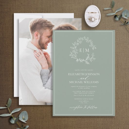 Invitation Sage Green Leafy Crest Monogramme Mariage photo