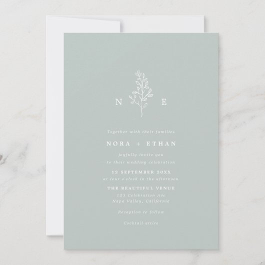 Invitation Sage Green Line Art Leaf Monogramme Mariage (Devant)