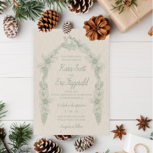Invitation Sage Green Line Art Mariage à fleurs en bois
