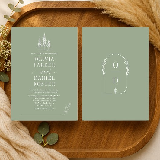 Invitation Sage Green Line Art Rustic Forest Wedding