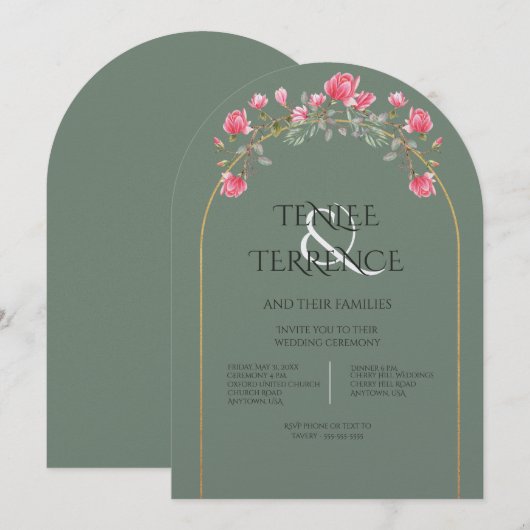 Invitation Sage Green Magnolia Blossoms Gold Frame Wedding  (Devant / Derrière)
