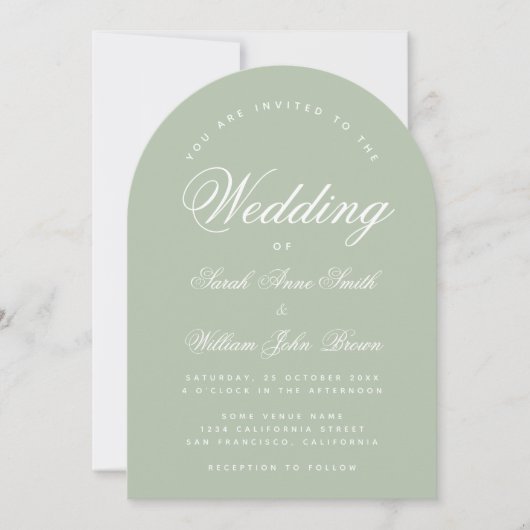 Invitation Sage Green Mariage Simple Elegant Calligraphie Arc (Devant)