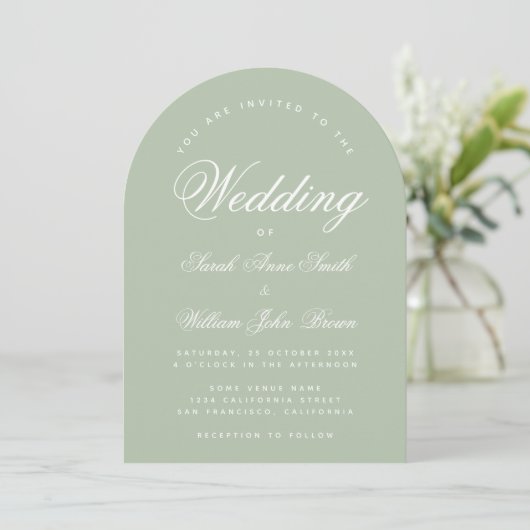 Invitation Sage Green Mariage Simple Elegant Calligraphie Arc (Debout devant)