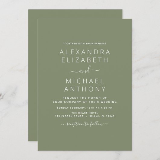Invitation Sage Green Mariage Typographie moderne (Devant / Derrière)
