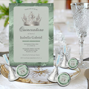 Invitation Sage Green Metallic Tiara Elegant Quinceañera