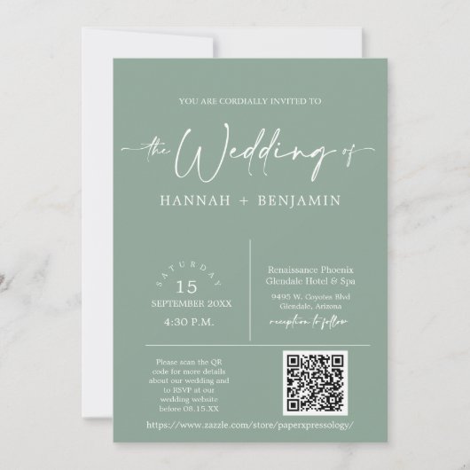 Invitation Sage Green Minimal Boho Mariage Arch QR Code photo (Devant)
