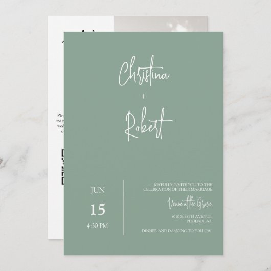 Invitation Sage Green Minimal Boho Mariage Photo QR Code RSVP (Devant / Derrière)