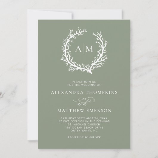 Invitation Sage Green Minimal Monogram Beach Mariage (Devant)