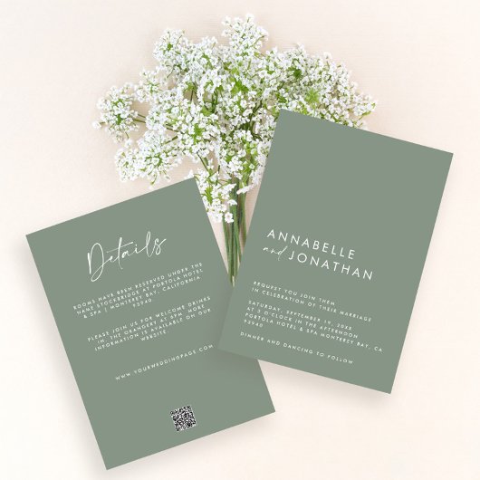 Invitation Sage green Minimal simple Mariage Détails QR Code