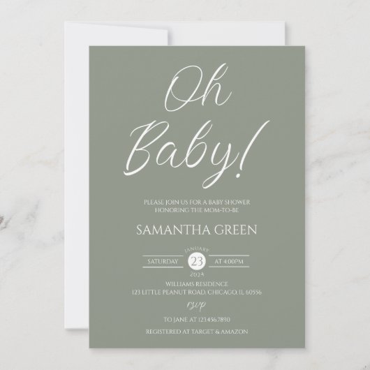 Invitation Sage Green Minimalist Oh Baby Baby shower (Devant)