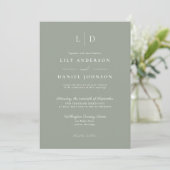 Invitation Sage Green Minimaliste Monogramme QR Code Mariage (Debout devant)