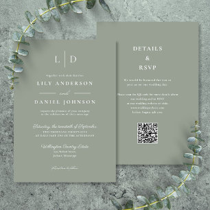 Invitation Sage Green Minimaliste Monogramme QR Code Mariage