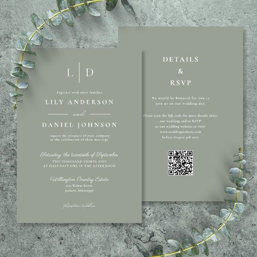 Invitation Sage Green Minimaliste Monogramme QR Code Mariage