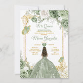 Invitation Sage Green Mis Quince 15 Anos Gold Crown Butterfly (Devant)