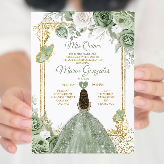 Invitation Sage Green Mis Quince 15 Anos Gold Crown Butterfly