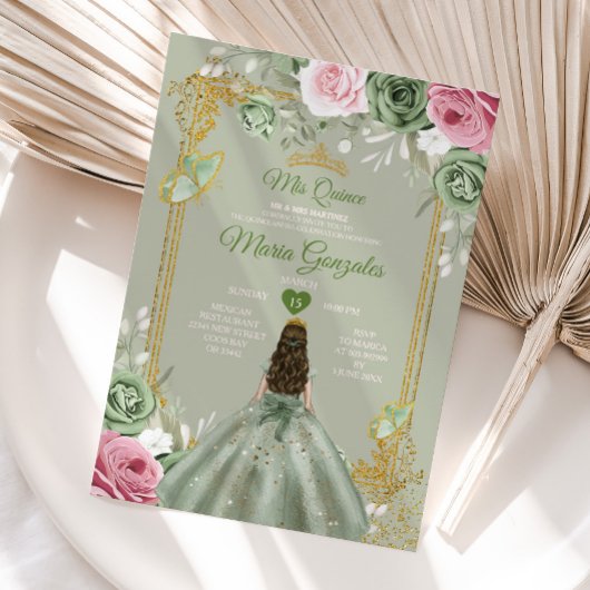 Invitation Sage Green Mis Quince 15 Anos Robes Fleurs Roses