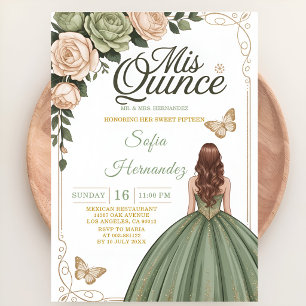 Invitation Sage Green Mis XV Couronne Dorée Papillon