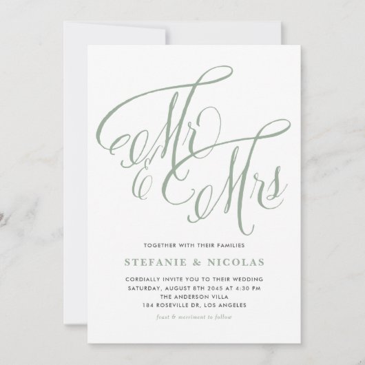 Invitation Sage Green Mme et Mme Rustic Script Mariage (Devant)