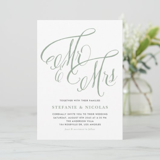 Invitation Sage Green Mme et Mme Rustic Script Mariage (Debout devant)