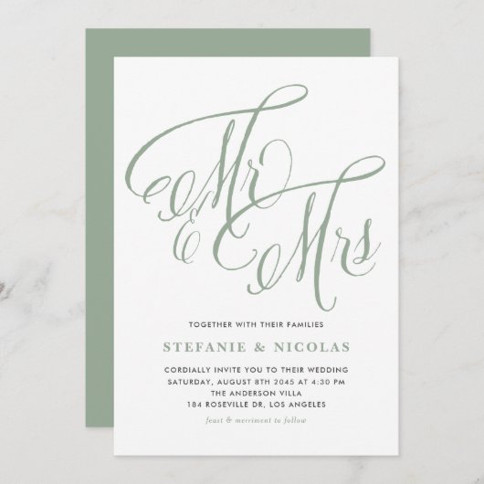 Invitation Sage Green Mme et Mme Rustic Script Mariage (Devant / Derrière)