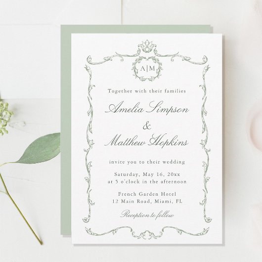Invitation Sage Green Modern Classic French Frame Wedding