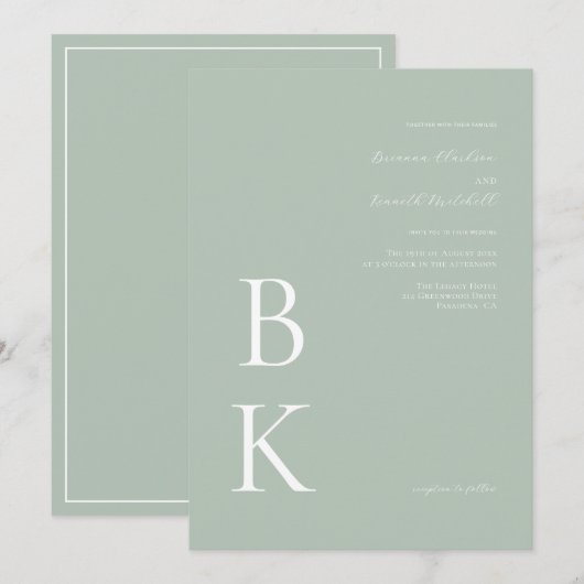 Invitation Sage Green Moderne Gras Monogramme Typographie Mar (Devant / Derrière)