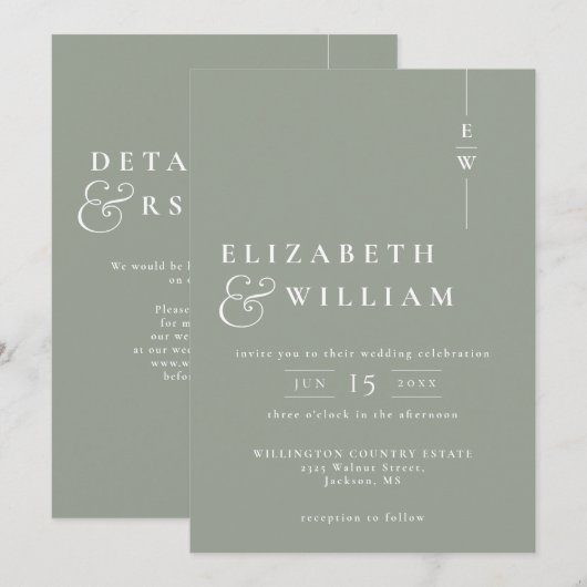 Invitation Sage Green Moderne Monogramme Mariage QR Code (Devant / Derrière)