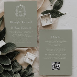 Invitation Sage Green Monogram Crest QR Code Mariage