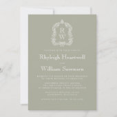 Invitation Sage Green Monogram Crest QR Code Mariage (Devant)