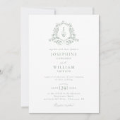 Invitation Sage Green Monogramme Floral Crest Mariage (Devant)