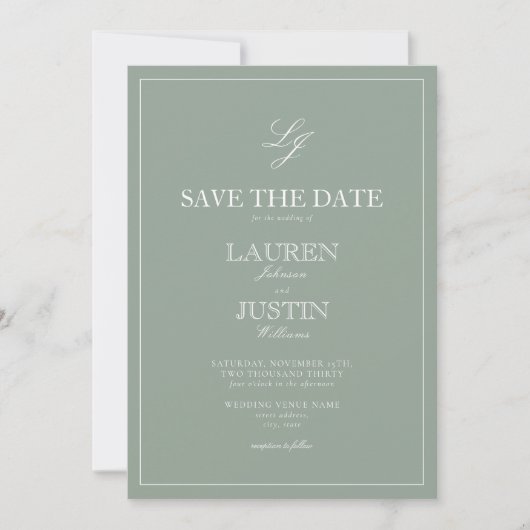 Invitation Sage Green Monogramme moderne Script Enregistrer l (Devant)
