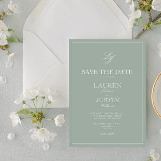 Invitation Sage Green Monogramme moderne Script Enregistrer l