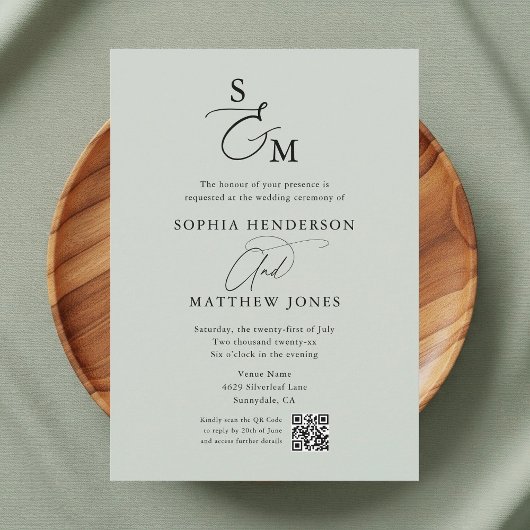 Invitation Sage Green Monogramme QR Code Mariage photo