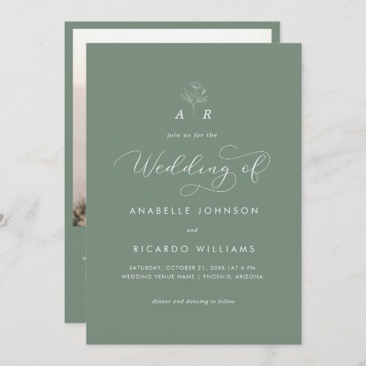 Invitation Sage Green Monogramme Script Photo QR Code Mariage (Devant / Derrière)