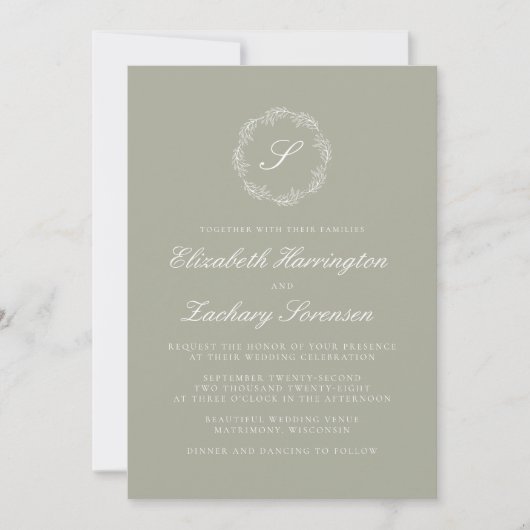 Invitation Sage Green Monogramme Wreath White Script Mariage (Devant)