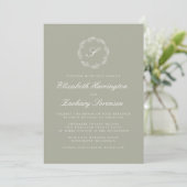 Invitation Sage Green Monogramme Wreath White Script Mariage (Debout devant)