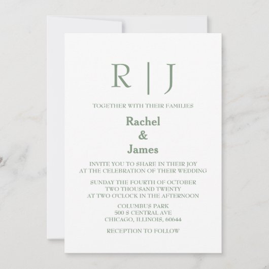 Invitation Sage Green Monogrammes Élégant Mariage minimal (Devant)