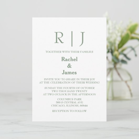 Invitation Sage Green Monogrammes Élégant Mariage minimal (Debout devant)