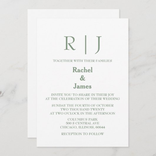Invitation Sage Green Monogrammes Élégant Mariage minimal (Devant / Derrière)